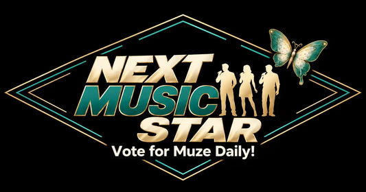 Madame Muze Next Music Star competition graphic with gold and teal logo, singer silhouettes, and butterfly — Vote for Muze Daily